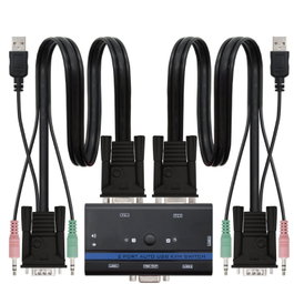 Nanocable 10.12.0001 KVM Switch para 2 Ordenadores PC o Portátil, Control con 1 Teclado/Ratón/Monitor, 2x VGA + 4x USB + Audio 3.5mm, Resolución 1920x1440, Cable 1.4m, Negro